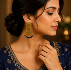 Antique Gold Layered Tribal Dangler Earrings with Navy Blue Beads