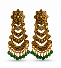 Antique Gold Layered Tribal Dangler Earrings with Green Bead Drops
