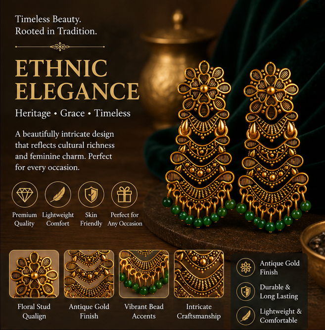 Antique Gold Layered Tribal Dangler Earrings with Green Bead Drops