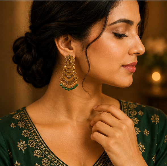 Antique Gold Layered Tribal Dangler Earrings with Green Bead Drops