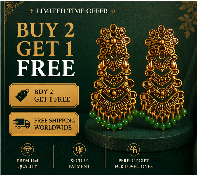 Antique Gold Layered Tribal Dangler Earrings with Green Bead Drops