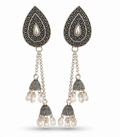 Oxidised Silver Teardrop Triple Jhumka Pearl Dangler Earrings