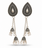 Oxidised Silver Teardrop Triple Jhumka Pearl Dangler Earrings