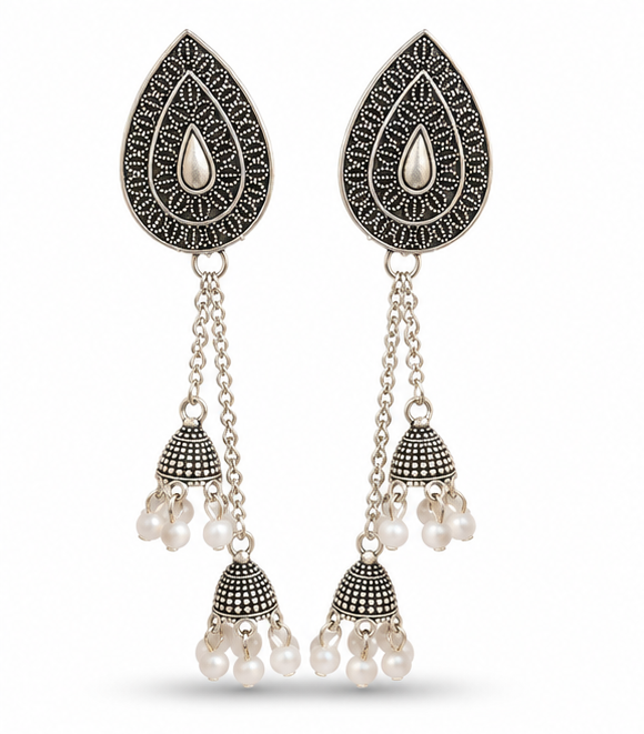 Oxidised Silver Teardrop Triple Jhumka Pearl Dangler Earrings
