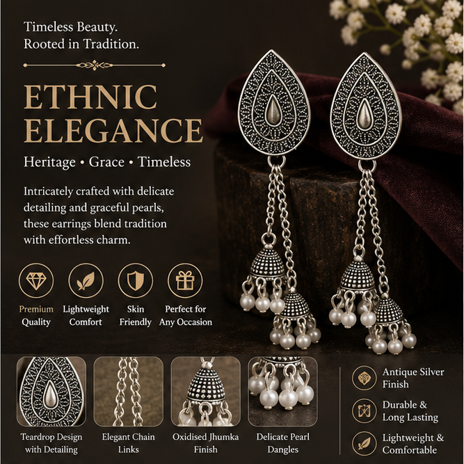 Oxidised Silver Teardrop Triple Jhumka Pearl Dangler Earrings