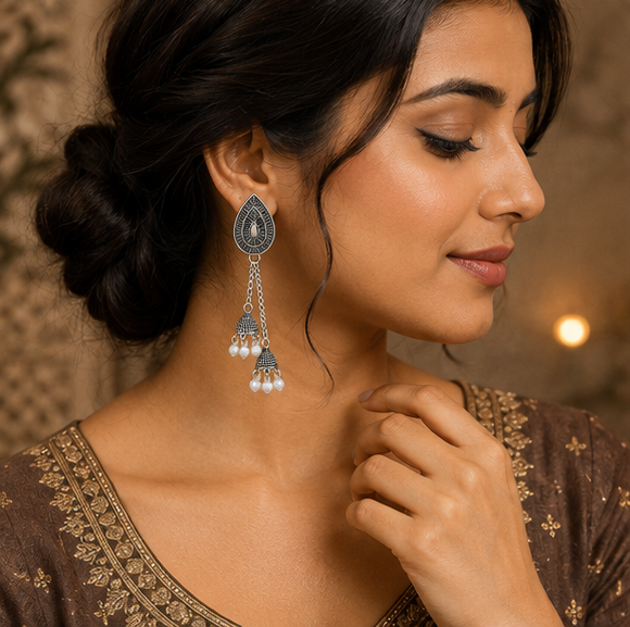 Oxidised Silver Teardrop Triple Jhumka Pearl Dangler Earrings