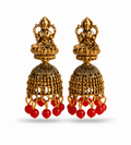 Oxidised Gold Lakshmi Temple Jhumka Earrings with Red Bead Drops