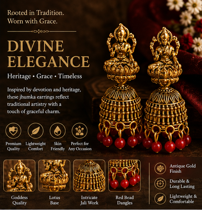 Oxidised Gold Lakshmi Temple Jhumka Earrings with Red Bead Drops