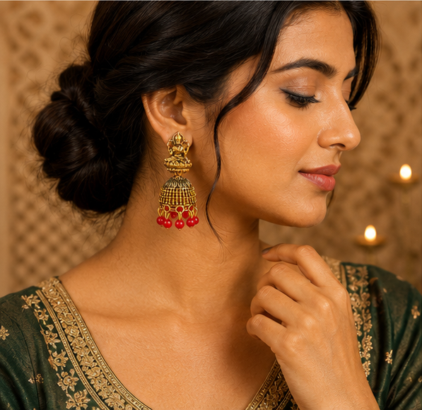Oxidised Gold Lakshmi Temple Jhumka Earrings with Red Bead Drops