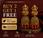 Oxidised Gold Lakshmi Temple Jhumka Earrings with Red Bead Drops