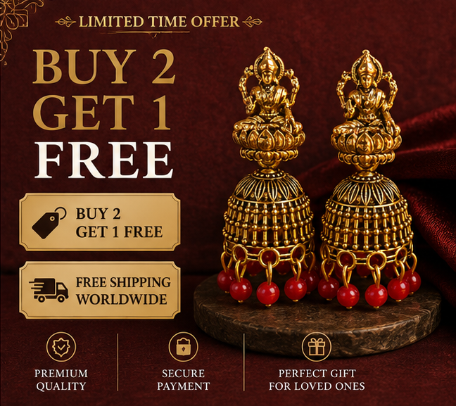 Oxidised Gold Lakshmi Temple Jhumka Earrings with Red Bead Drops