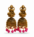 Oxidised Gold Lakshmi Temple Jhumka Earrings with Pink Bead Drops