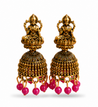 Oxidised Gold Lakshmi Temple Jhumka Earrings with Pink Bead Drops
