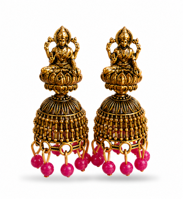 Oxidised Gold Lakshmi Temple Jhumka Earrings with Pink Bead Drops