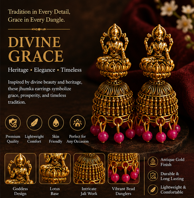 Oxidised Gold Lakshmi Temple Jhumka Earrings with Pink Bead Drops