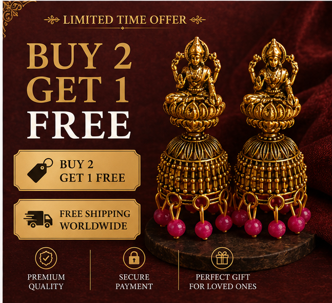 Oxidised Gold Lakshmi Temple Jhumka Earrings with Pink Bead Drops