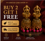 Oxidised Gold Lakshmi Temple Jhumka Earrings with Pink Bead Drops