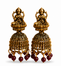 Oxidised Gold Lakshmi Temple Jhumka Earrings with Maroon Beads for Women