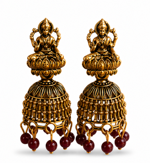 Oxidised Gold Lakshmi Temple Jhumka Earrings with Maroon Beads for Women
