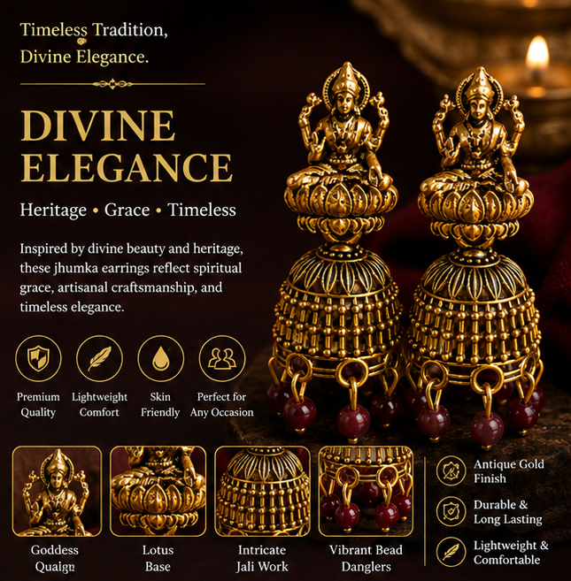 Oxidised Gold Lakshmi Temple Jhumka Earrings with Maroon Beads for Women