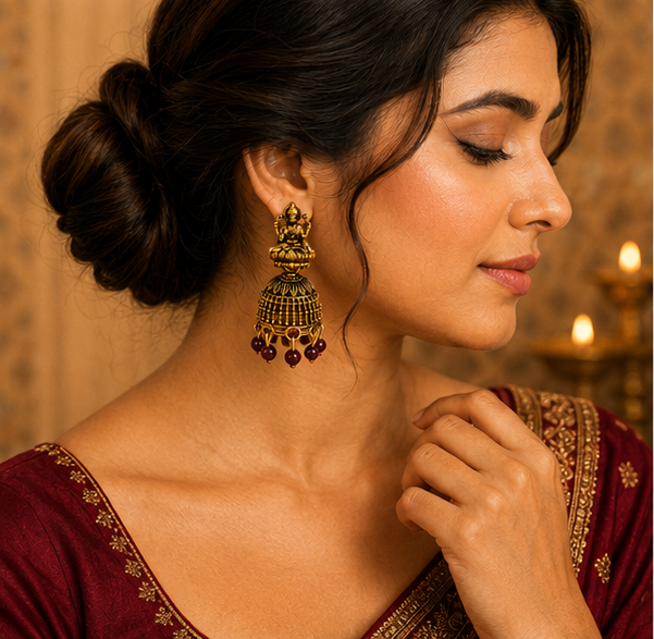 Oxidised Gold Lakshmi Temple Jhumka Earrings with Maroon Beads for Women