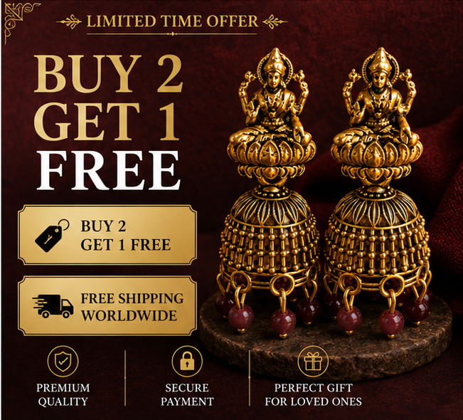 Oxidised Gold Lakshmi Temple Jhumka Earrings with Maroon Beads for Women