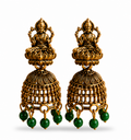 Oxidised Gold Lakshmi Temple Jhumka Earrings with Green Bead Drops