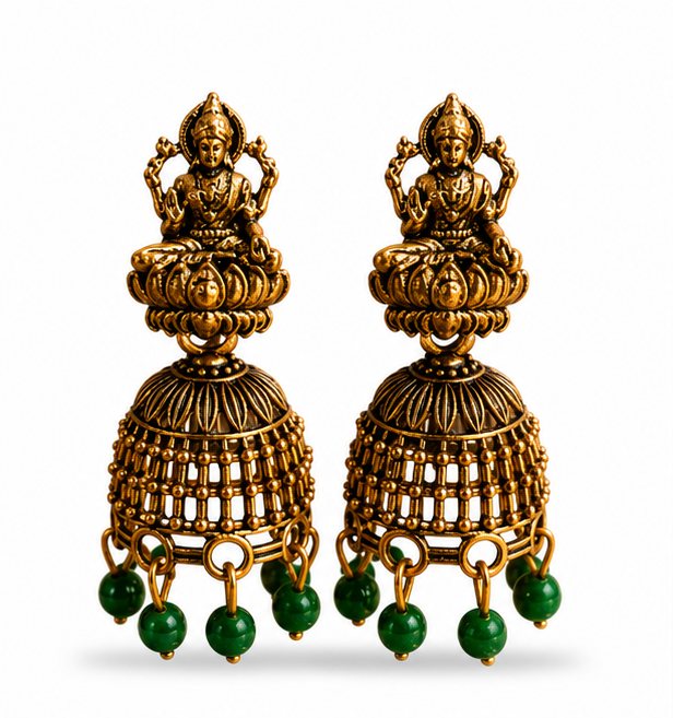 Oxidised Gold Lakshmi Temple Jhumka Earrings with Green Bead Drops