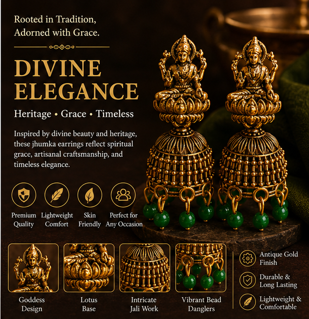 Oxidised Gold Lakshmi Temple Jhumka Earrings with Green Bead Drops