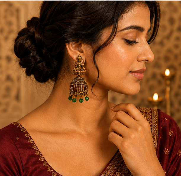 Oxidised Gold Lakshmi Temple Jhumka Earrings with Green Bead Drops