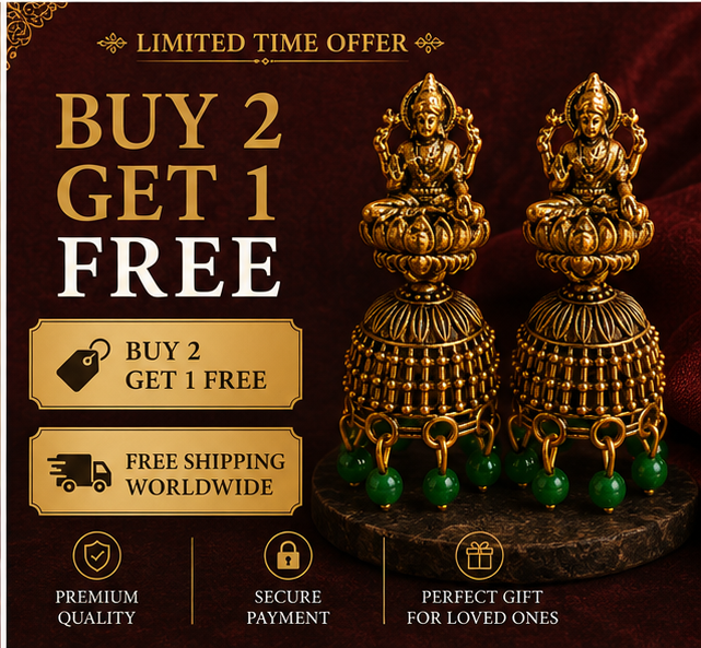 Oxidised Gold Lakshmi Temple Jhumka Earrings with Green Bead Drops