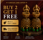 Oxidised Gold Lakshmi Temple Jhumka Earrings with Green Bead Drops