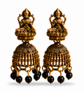 Oxidised Gold Lakshmi Temple Jhumka Earrings with Black Bead Drops for Women