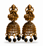 Oxidised Gold Lakshmi Temple Jhumka Earrings with Black Bead Drops for Women