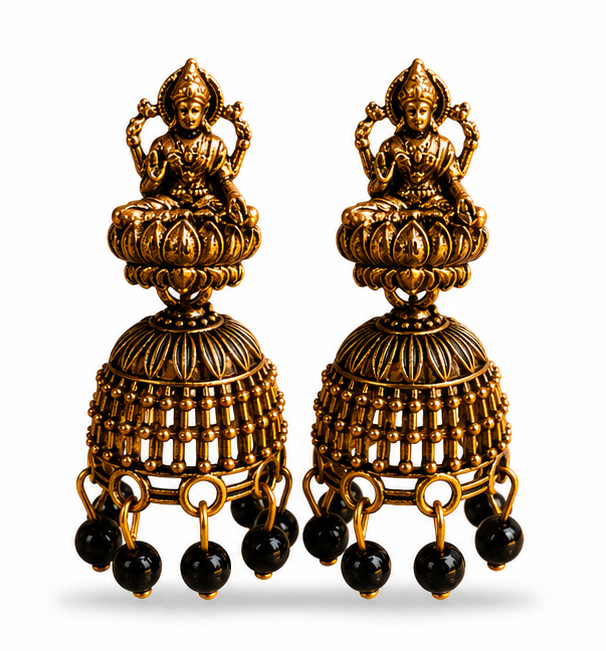 Oxidised Gold Lakshmi Temple Jhumka Earrings with Black Bead Drops for Women