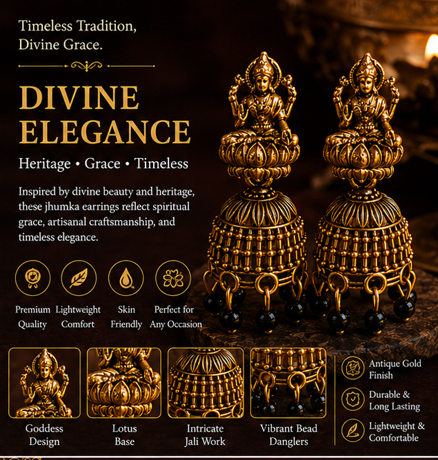 Oxidised Gold Lakshmi Temple Jhumka Earrings with Black Bead Drops for Women