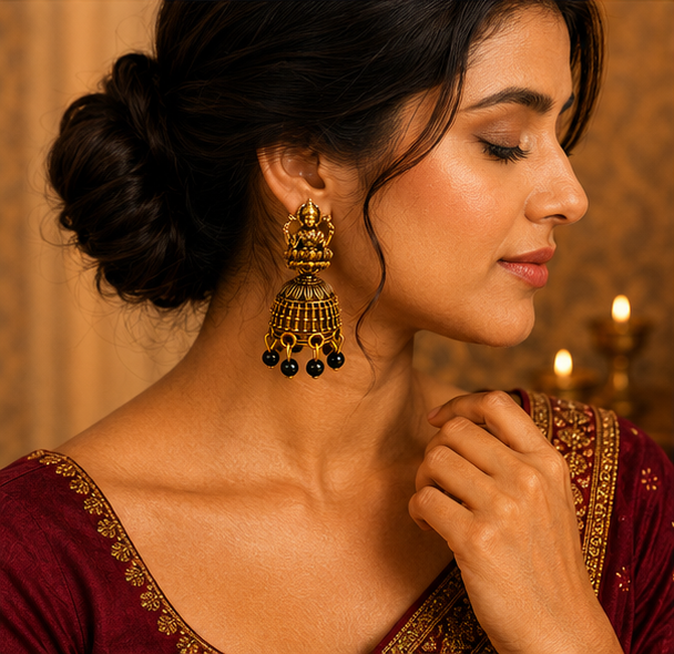 Oxidised Gold Lakshmi Temple Jhumka Earrings with Black Bead Drops for Women