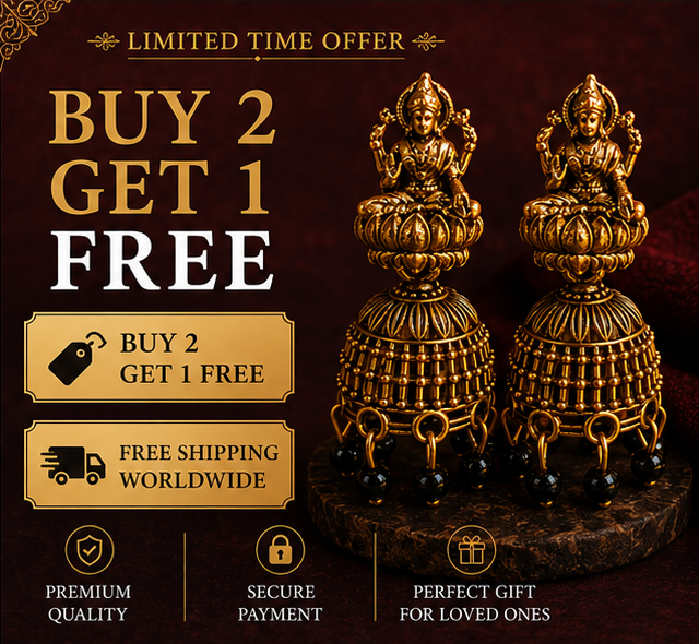 Oxidised Gold Lakshmi Temple Jhumka Earrings with Black Bead Drops for Women