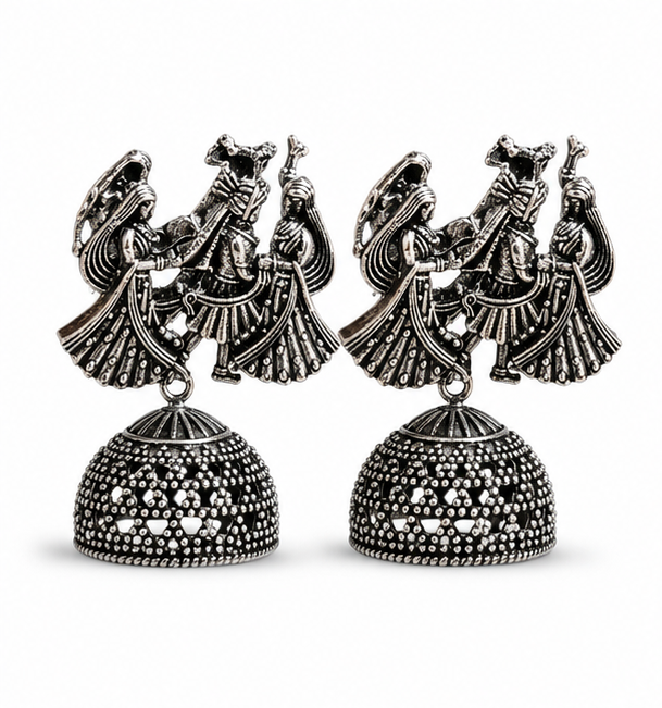 Oxidised Silver Radha Krishna Jhumka Earrings – Traditional Ethnic Jewellery