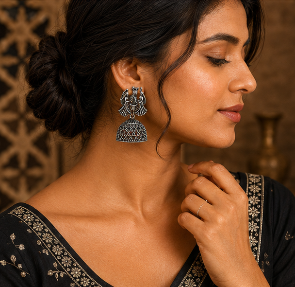 Oxidised Silver Radha Krishna Jhumka Earrings – Traditional Ethnic Jewellery