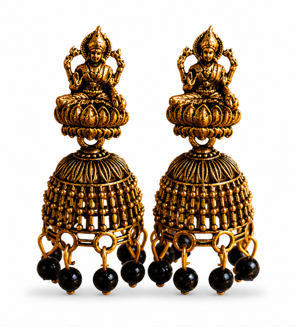 Oxidised Gold Lakshmi Temple Jhumka Earrings with Black Beads