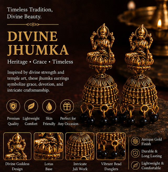 Oxidised Gold Lakshmi Temple Jhumka Earrings with Black Beads