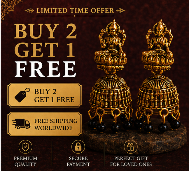 Oxidised Gold Lakshmi Temple Jhumka Earrings with Black Beads