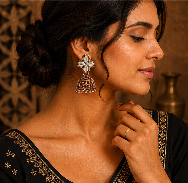Antique Copper Mirror Work Jhumka Earrings – Traditional Ethnic Earrings