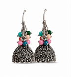 Oxidised Silver Dome Jhumka Earrings with Multicolor Bead Cluster