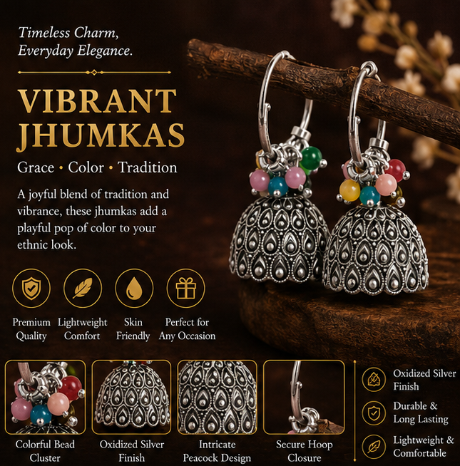 Oxidised Silver Dome Jhumka Earrings with Multicolor Bead Cluster