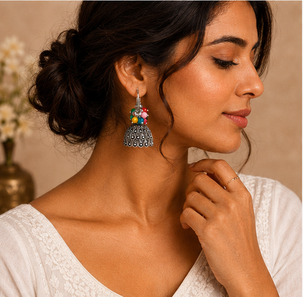 Oxidised Silver Dome Jhumka Earrings with Multicolor Bead Cluster