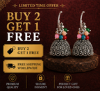 Oxidised Silver Dome Jhumka Earrings with Multicolor Bead Cluster