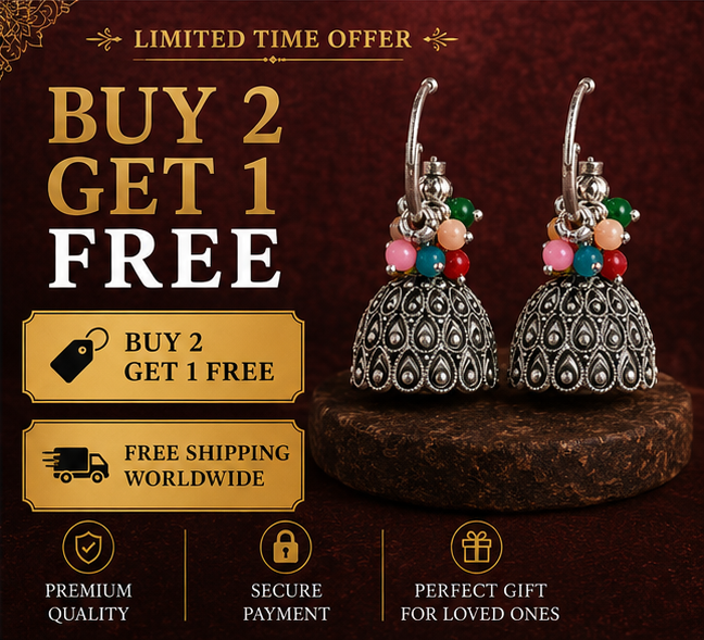 Oxidised Silver Dome Jhumka Earrings with Multicolor Bead Cluster