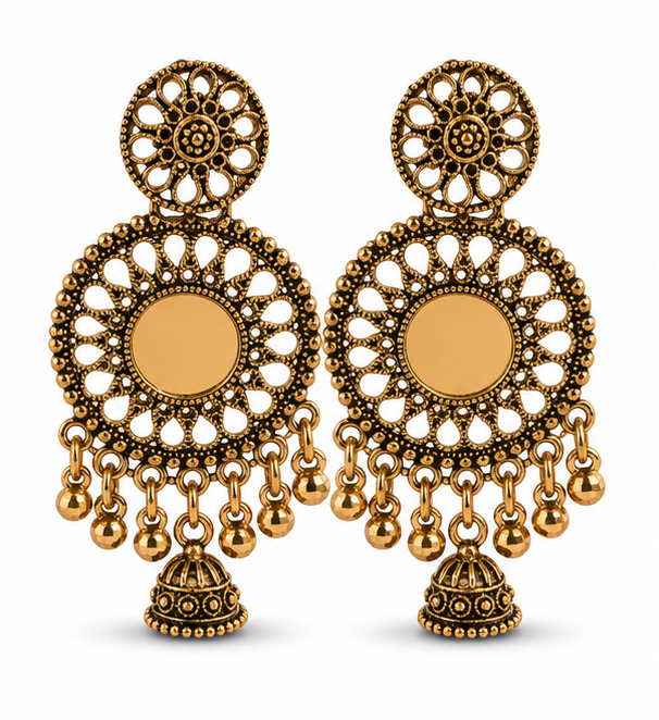 Antique Gold Floral Cutwork Statement Earrings with Mini Jhumka Drop